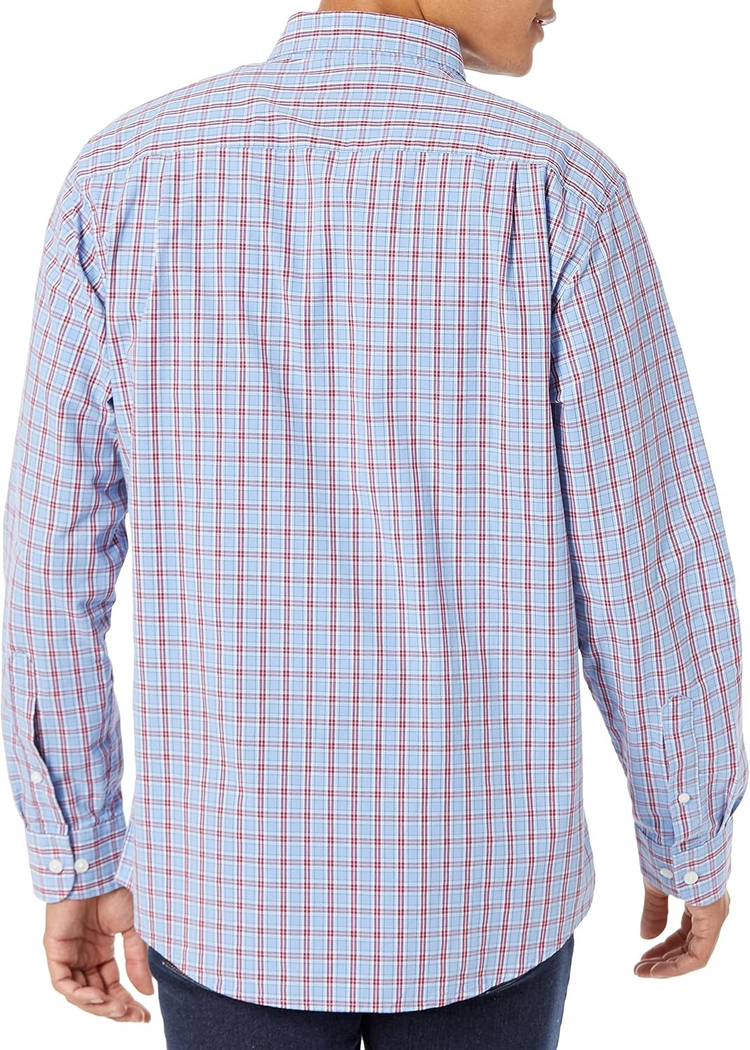image:imageAmazon Essentials Mens RegularFit LongSleeve Casual Poplin Shirt Button Front Business Casual CollaredLight Blue Red Plaid