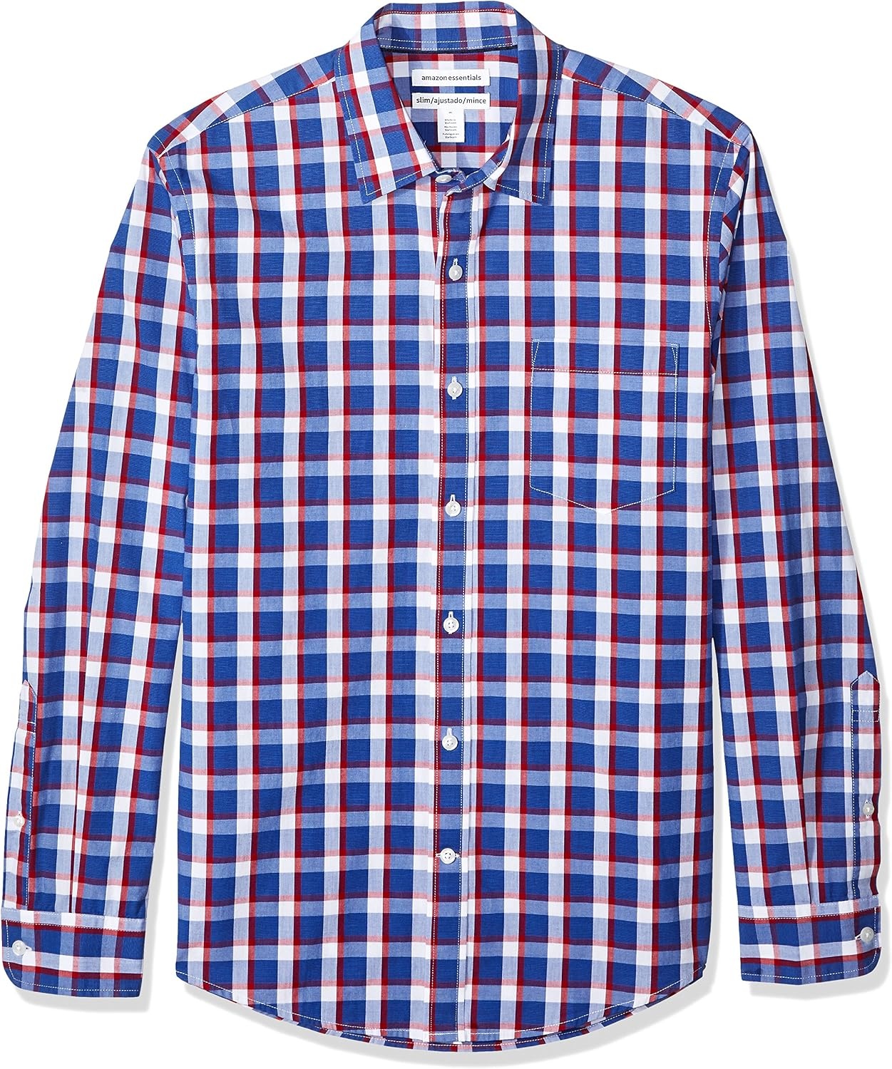 image:imageAmazon Essentials Mens RegularFit LongSleeve Casual Poplin Shirt Button Front Business Casual CollaredLight Blue Red Plaid