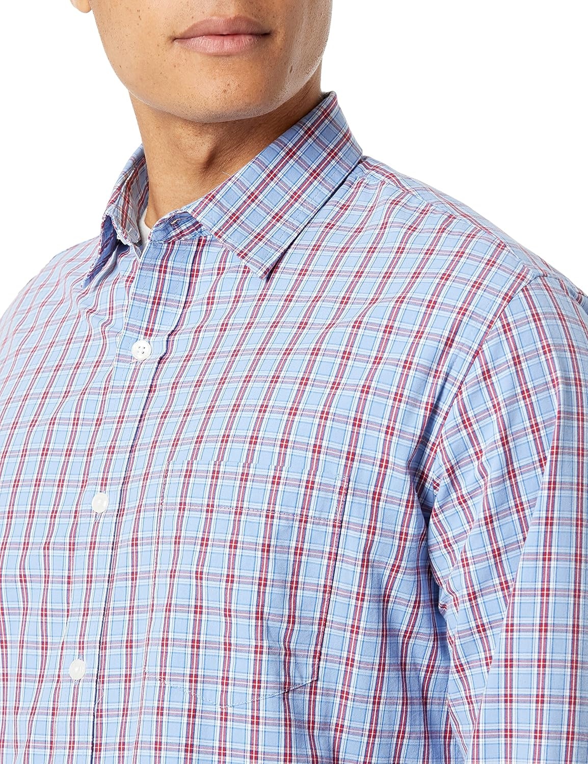 image:imageAmazon Essentials Mens RegularFit LongSleeve Casual Poplin Shirt Button Front Business Casual CollaredLight Blue Red Plaid