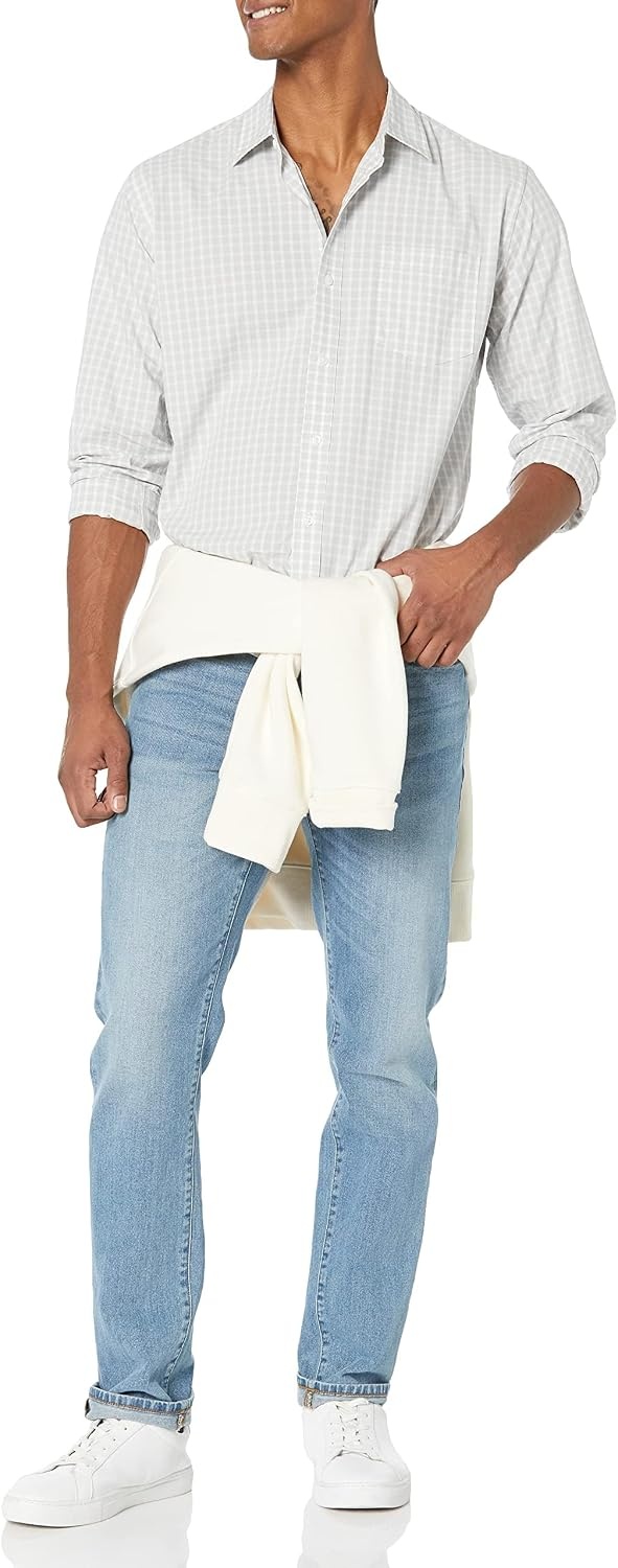 image:imageAmazon Essentials Mens RegularFit LongSleeve Casual Poplin Shirt Button Front Business Casual CollaredLight Grey White Checked