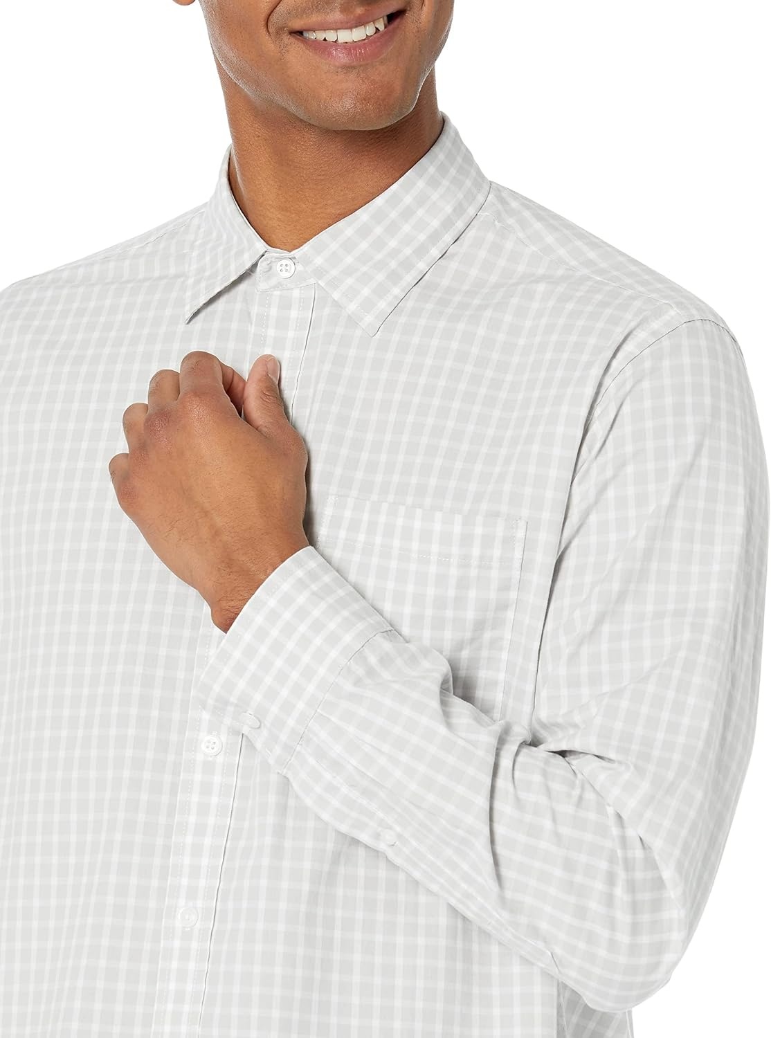 image:imageAmazon Essentials Mens RegularFit LongSleeve Casual Poplin Shirt Button Front Business Casual CollaredLight Grey White Checked