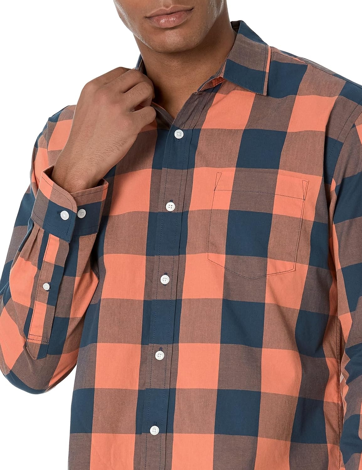 image:imageAmazon Essentials Mens RegularFit LongSleeve Casual Poplin Shirt Button Front Business Casual CollaredNavy Orange Buffalo