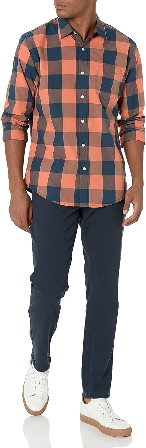 image:imageAmazon Essentials Mens RegularFit LongSleeve Casual Poplin Shirt Button Front Business Casual CollaredNavy Orange Buffalo