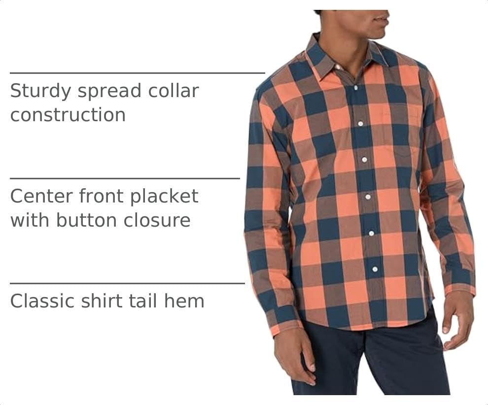 image:imageAmazon Essentials Mens RegularFit LongSleeve Casual Poplin Shirt Button Front Business Casual CollaredNavy Orange Buffalo