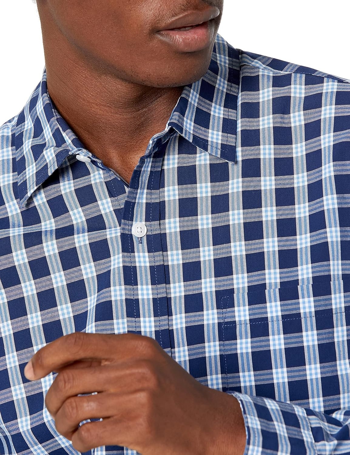 image:imageAmazon Essentials Mens RegularFit LongSleeve Casual Poplin Shirt Button Front Business Casual CollaredNavy White Plaid