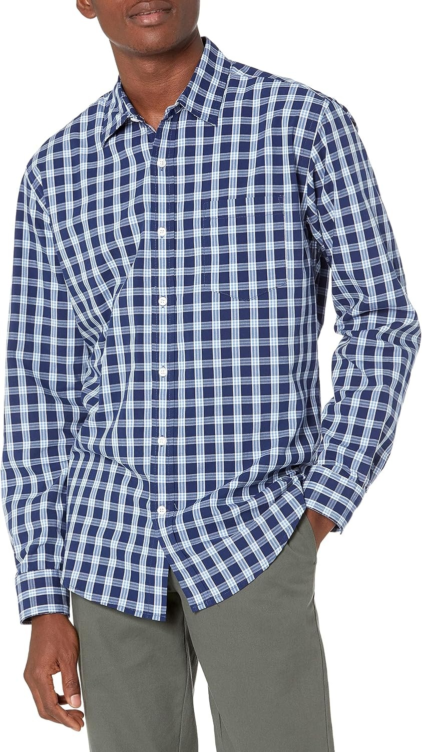 image:imageAmazon Essentials Mens RegularFit LongSleeve Casual Poplin Shirt Button Front Business Casual CollaredNavy White Plaid