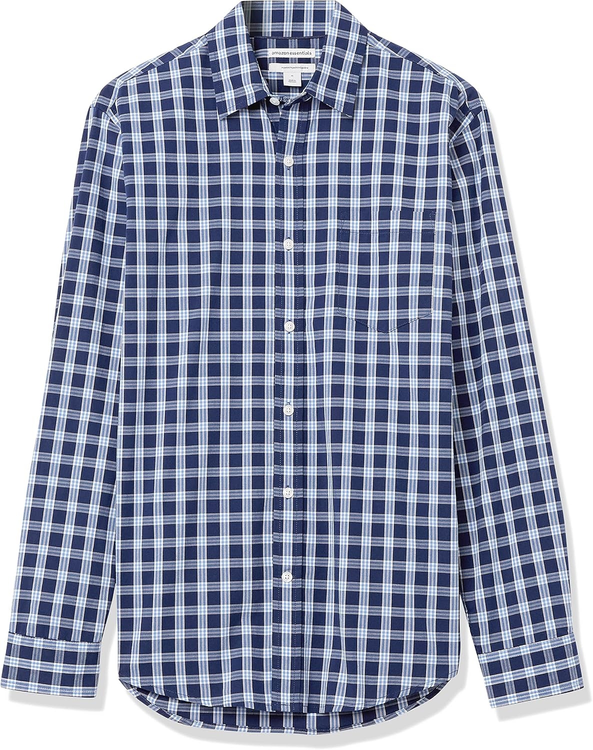 image:imageAmazon Essentials Mens RegularFit LongSleeve Casual Poplin Shirt Button Front Business Casual CollaredNavy White Plaid