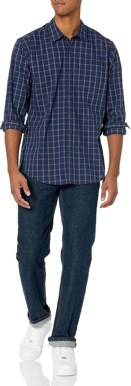 image:imageAmazon Essentials Mens RegularFit LongSleeve Casual Poplin Shirt Button Front Business Casual CollaredNavy Windowpane