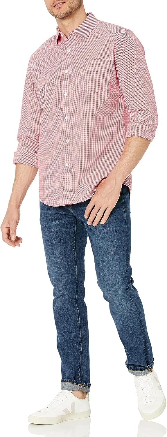 image:imageAmazon Essentials Mens RegularFit LongSleeve Casual Poplin Shirt Button Front Business Casual CollaredRed Gingham