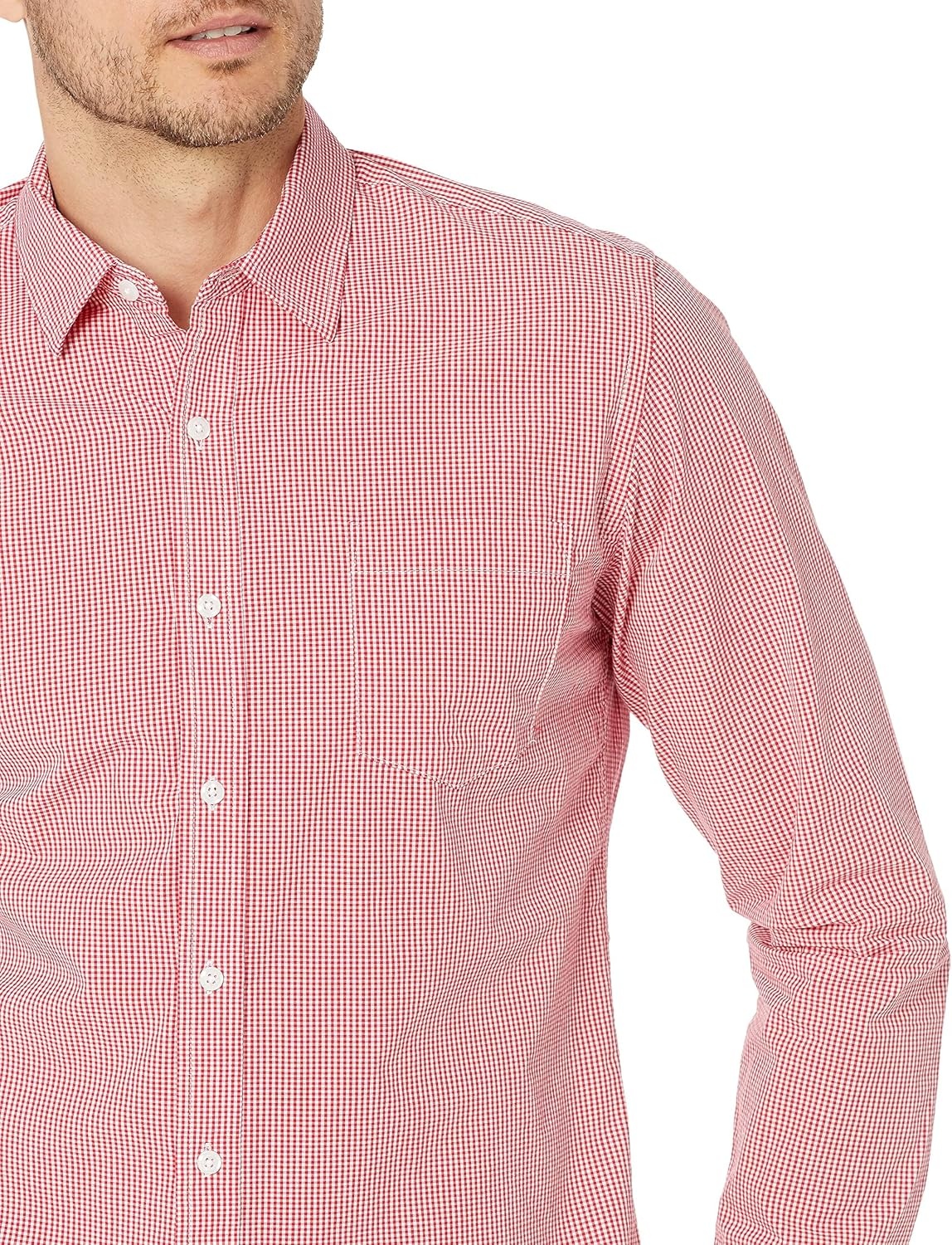 image:imageAmazon Essentials Mens RegularFit LongSleeve Casual Poplin Shirt Button Front Business Casual CollaredRed Gingham