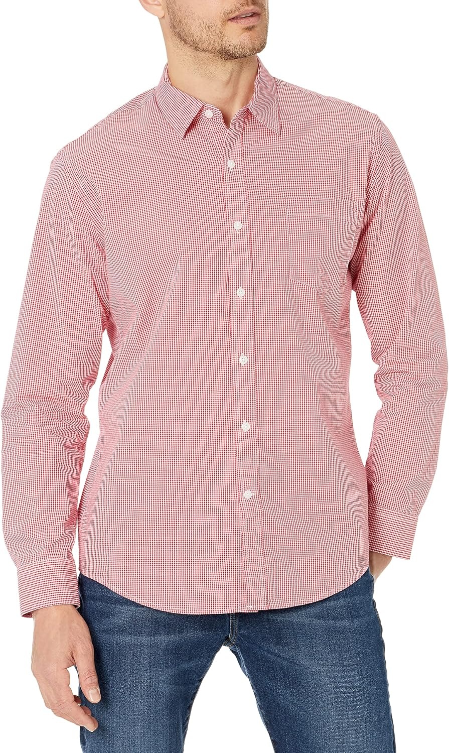 image:imageAmazon Essentials Mens RegularFit LongSleeve Casual Poplin Shirt Button Front Business Casual CollaredRed Gingham