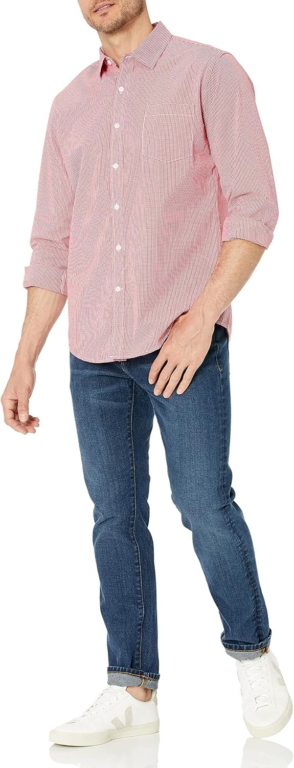 image:imageAmazon Essentials Mens RegularFit LongSleeve Casual Poplin Shirt Button Front Business Casual CollaredRed Minigingham