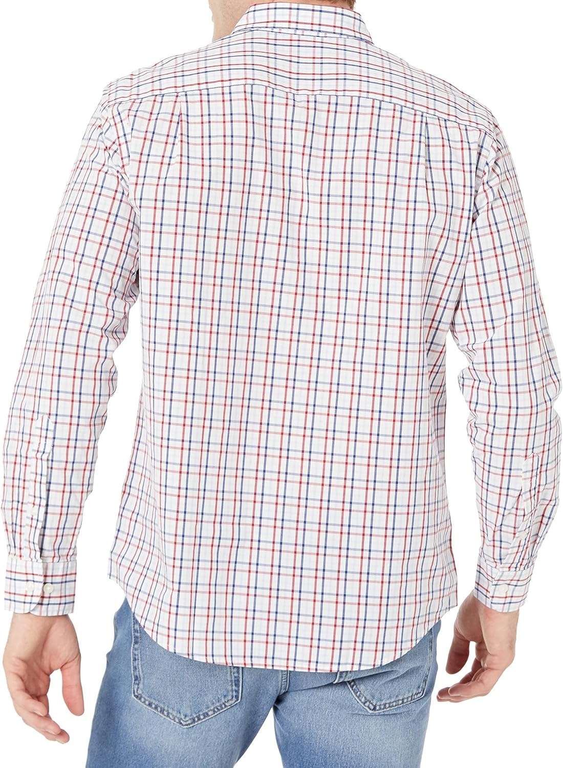 image:imageAmazon Essentials Mens RegularFit LongSleeve Casual Poplin Shirt Button Front Business Casual CollaredRedWhiteBlue Plaid