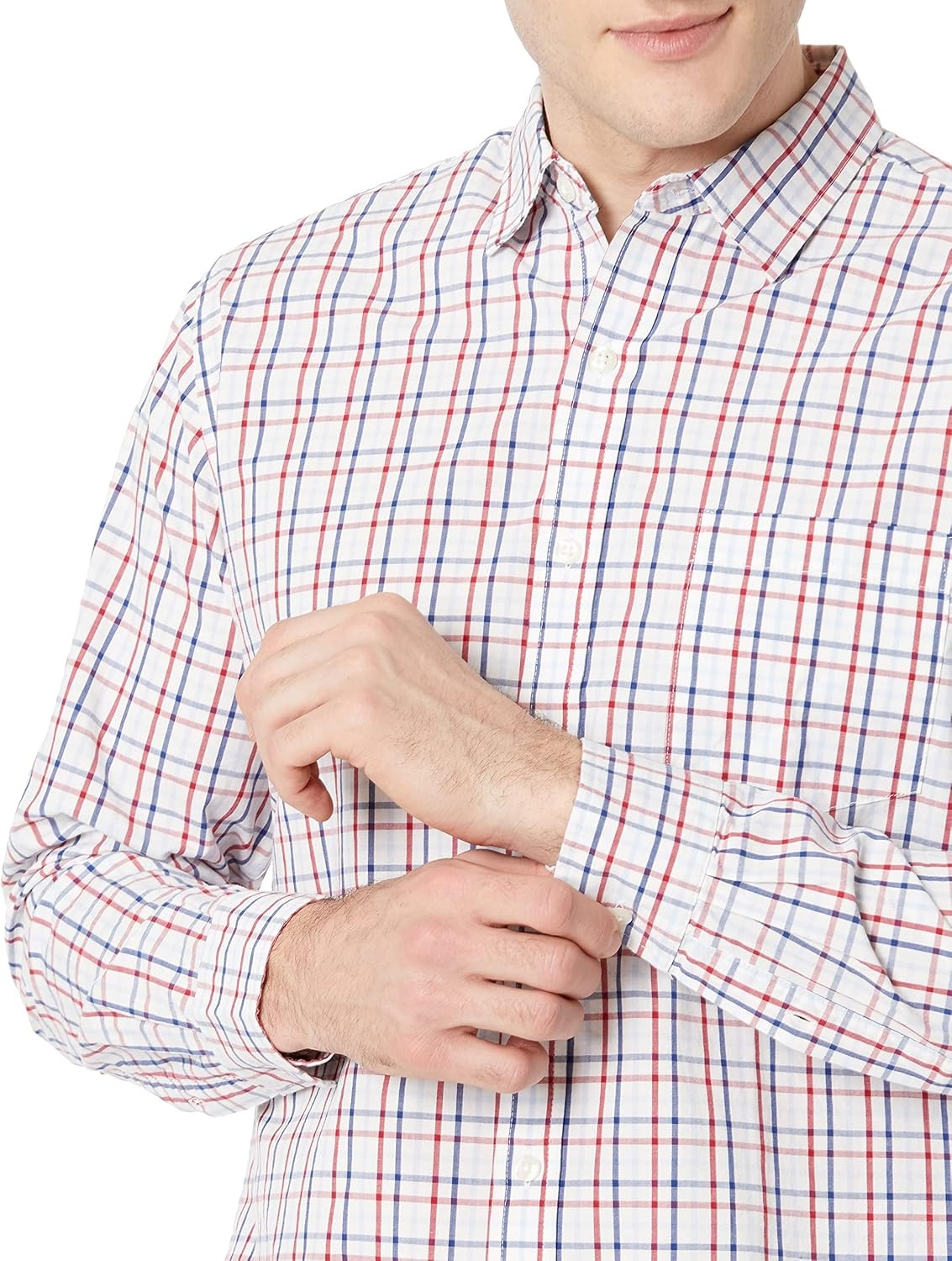 image:imageAmazon Essentials Mens RegularFit LongSleeve Casual Poplin Shirt Button Front Business Casual CollaredRedWhiteBlue Plaid