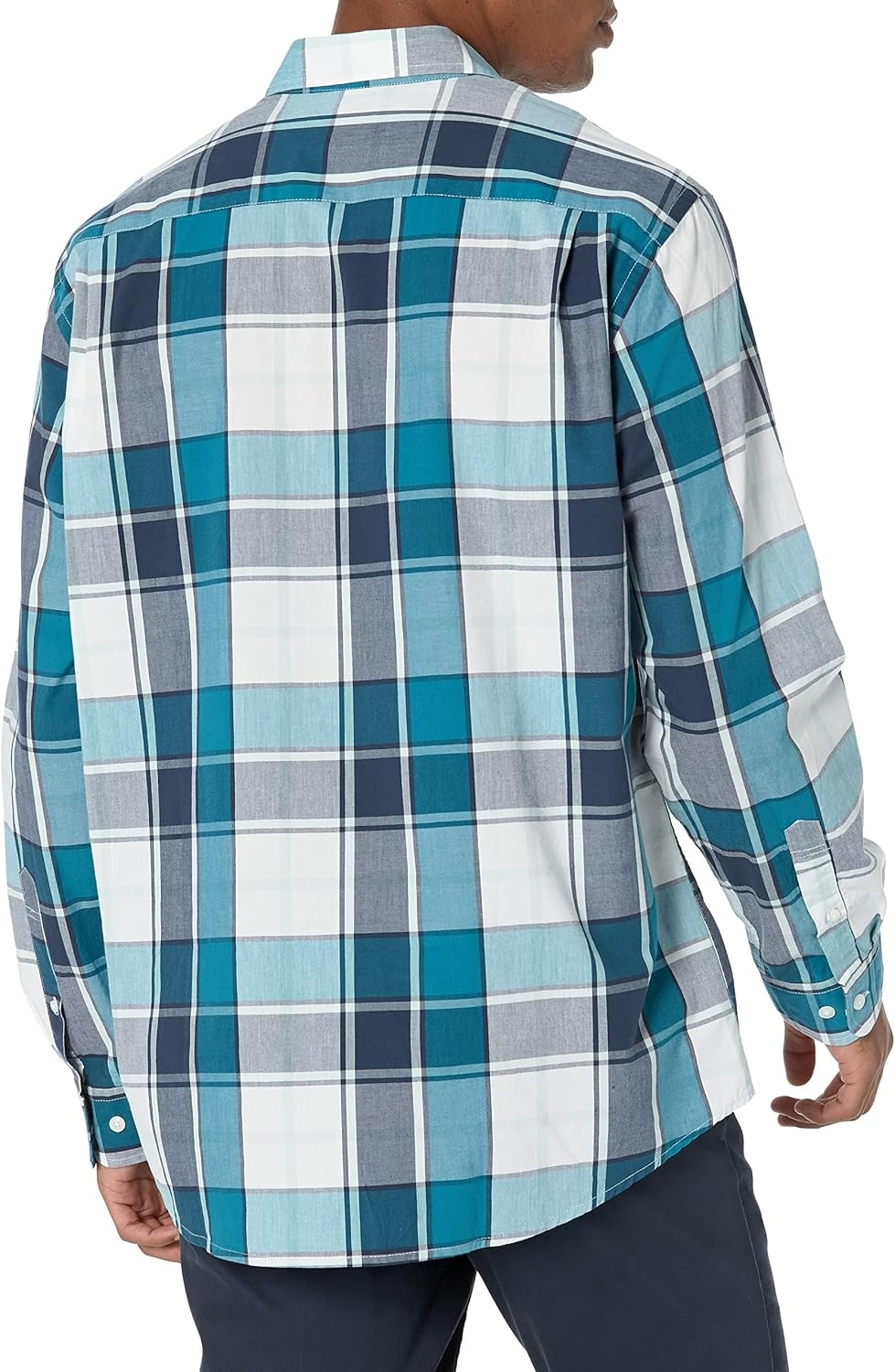 image:imageAmazon Essentials Mens RegularFit LongSleeve Casual Poplin Shirt Button Front Business Casual CollaredTeal Blue Navy Large Plaid
