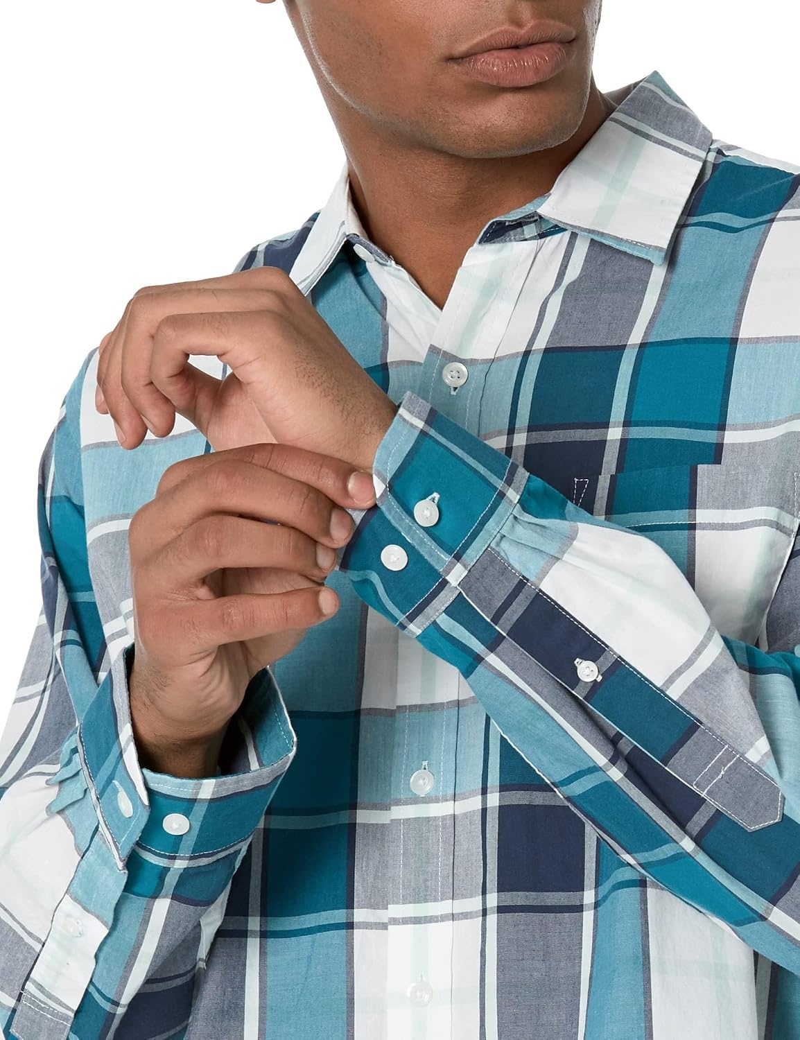 image:imageAmazon Essentials Mens RegularFit LongSleeve Casual Poplin Shirt Button Front Business Casual CollaredTeal Blue Navy Large Plaid
