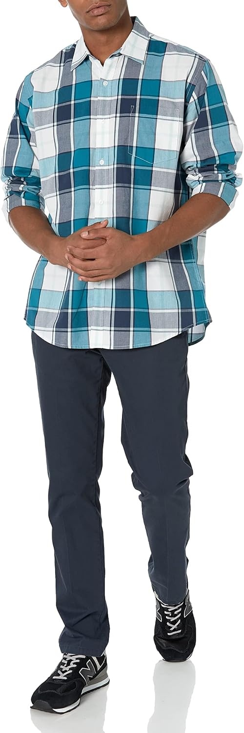 image:imageAmazon Essentials Mens RegularFit LongSleeve Casual Poplin Shirt Button Front Business Casual CollaredTeal Blue Navy Large Plaid