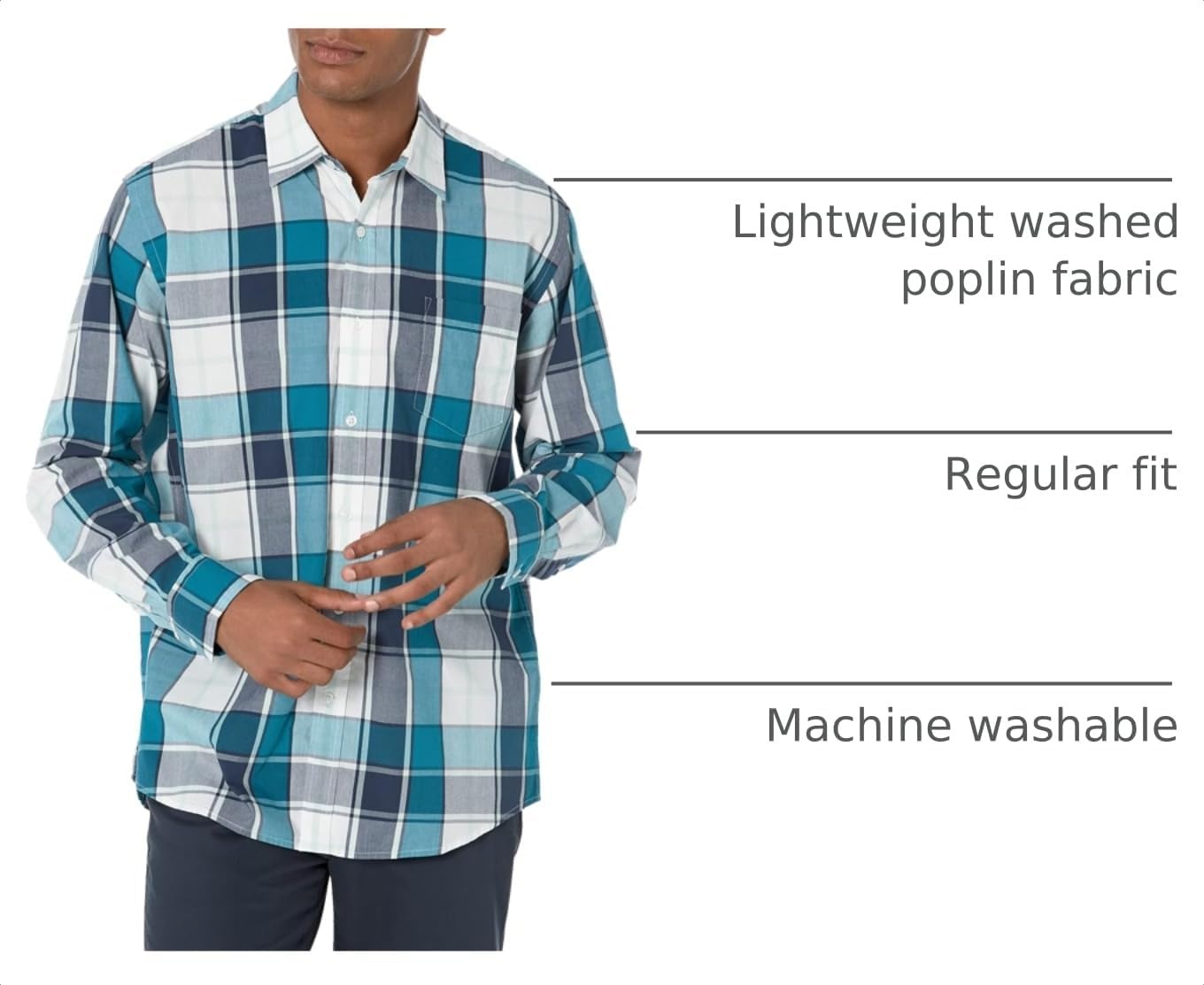 image:imageAmazon Essentials Mens RegularFit LongSleeve Casual Poplin Shirt Button Front Business Casual CollaredTeal Blue Navy Large Plaid
