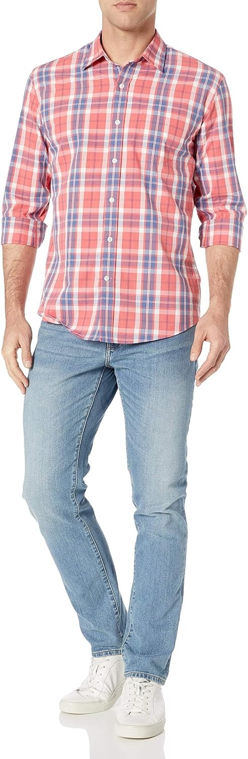 image:imageAmazon Essentials Mens RegularFit LongSleeve Casual Poplin Shirt Button Front Business Casual CollaredWashed Red Windowpane