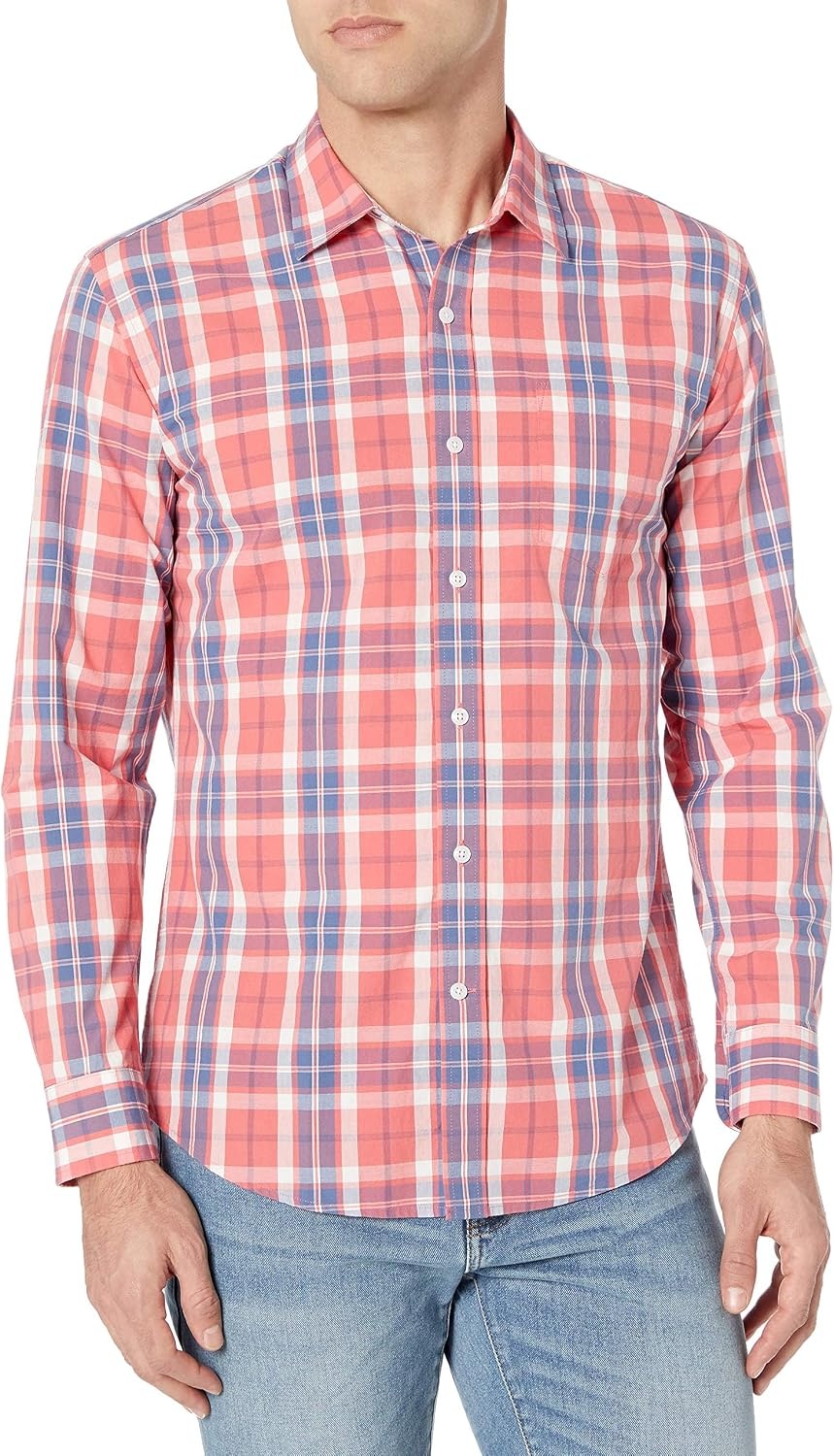 image:imageAmazon Essentials Mens RegularFit LongSleeve Casual Poplin Shirt Button Front Business Casual CollaredWashed Red Windowpane