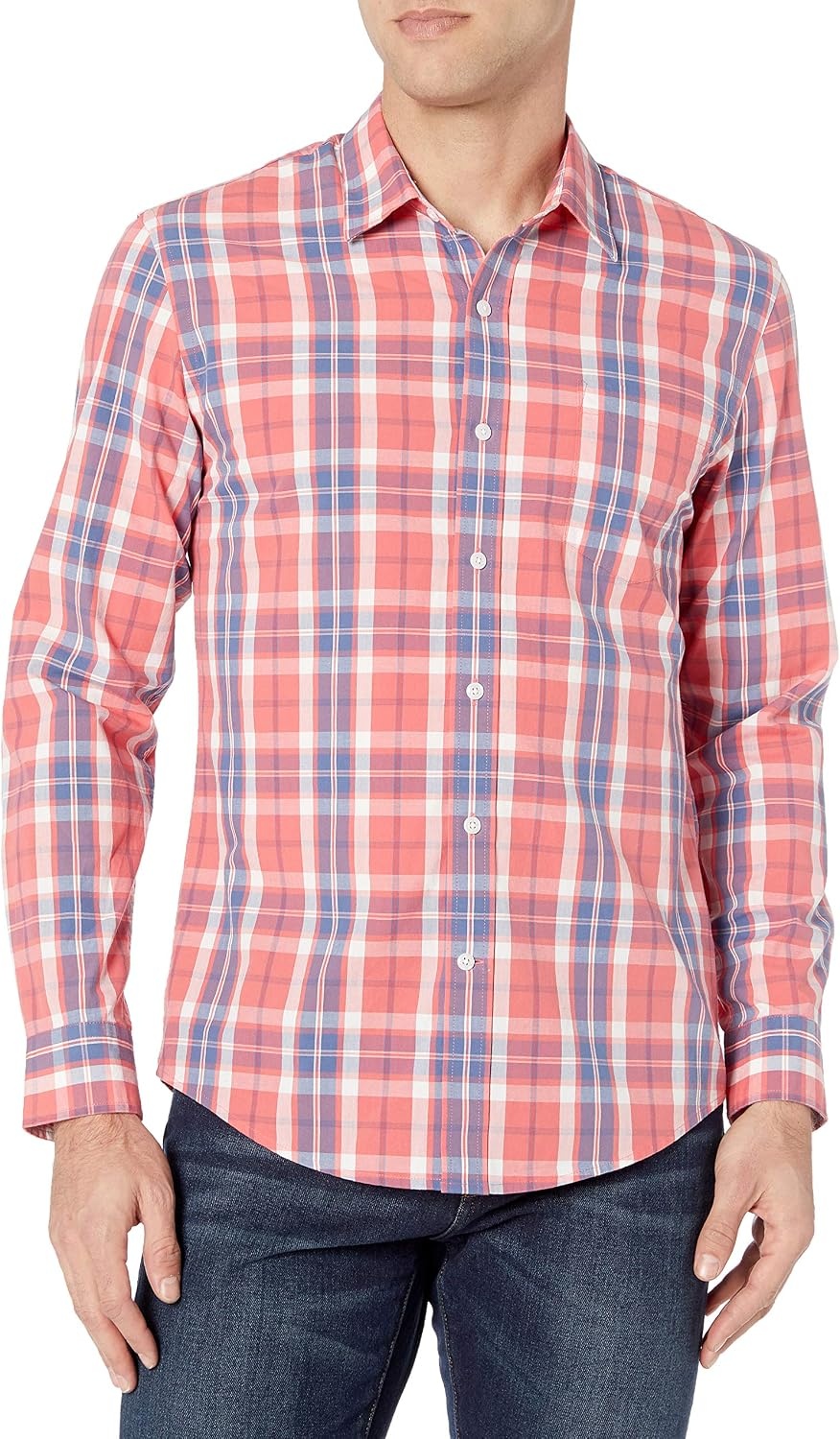 image:imageAmazon Essentials Mens RegularFit LongSleeve Casual Poplin Shirt Button Front Business Casual CollaredWashed Red Windowpane