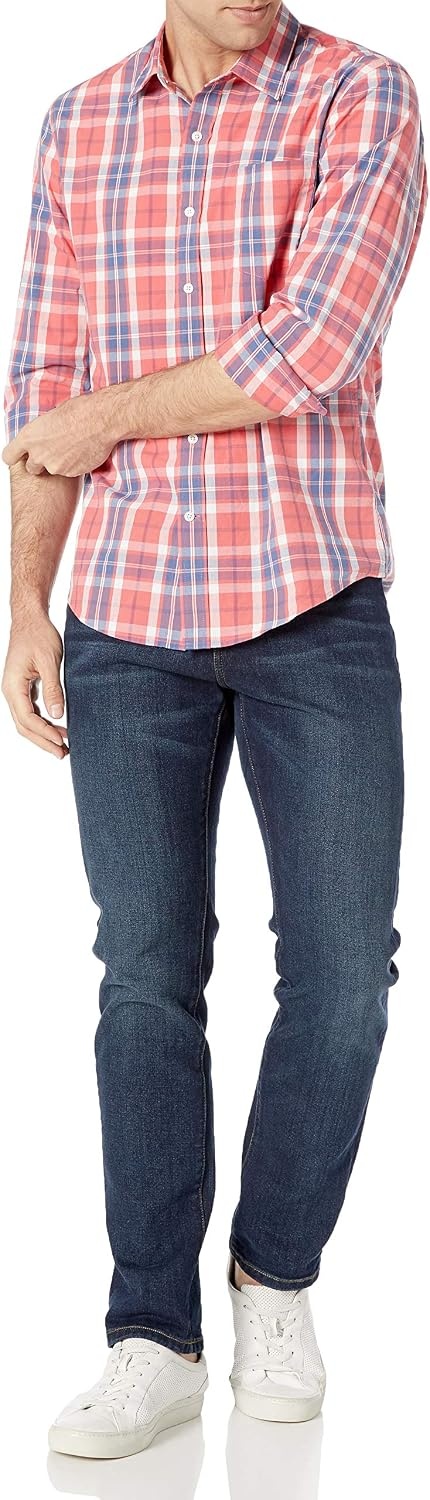 image:imageAmazon Essentials Mens RegularFit LongSleeve Casual Poplin Shirt Button Front Business Casual CollaredWashed Red Windowpane