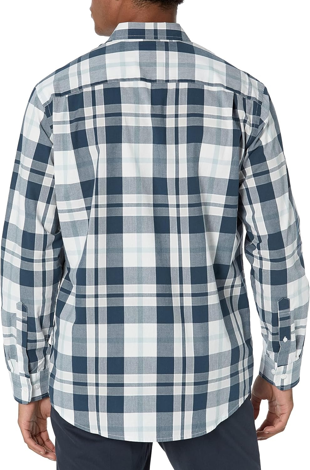 image:imageAmazon Essentials Mens RegularFit LongSleeve Casual Poplin Shirt Button Front Business Casual CollaredWhite Navy Large Plaid