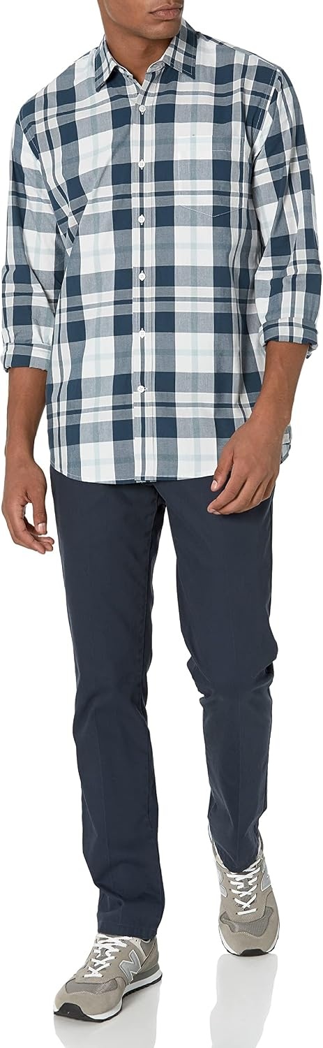 image:imageAmazon Essentials Mens RegularFit LongSleeve Casual Poplin Shirt Button Front Business Casual CollaredWhite Navy Large Plaid