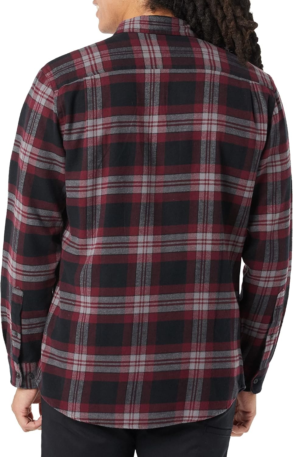 image:imageAmazon Essentials Mens RegularFit LongSleeve Flannel Shirt ButtonUp Cotton Twill Double Chest PocketsBlack Burgundy Plaid