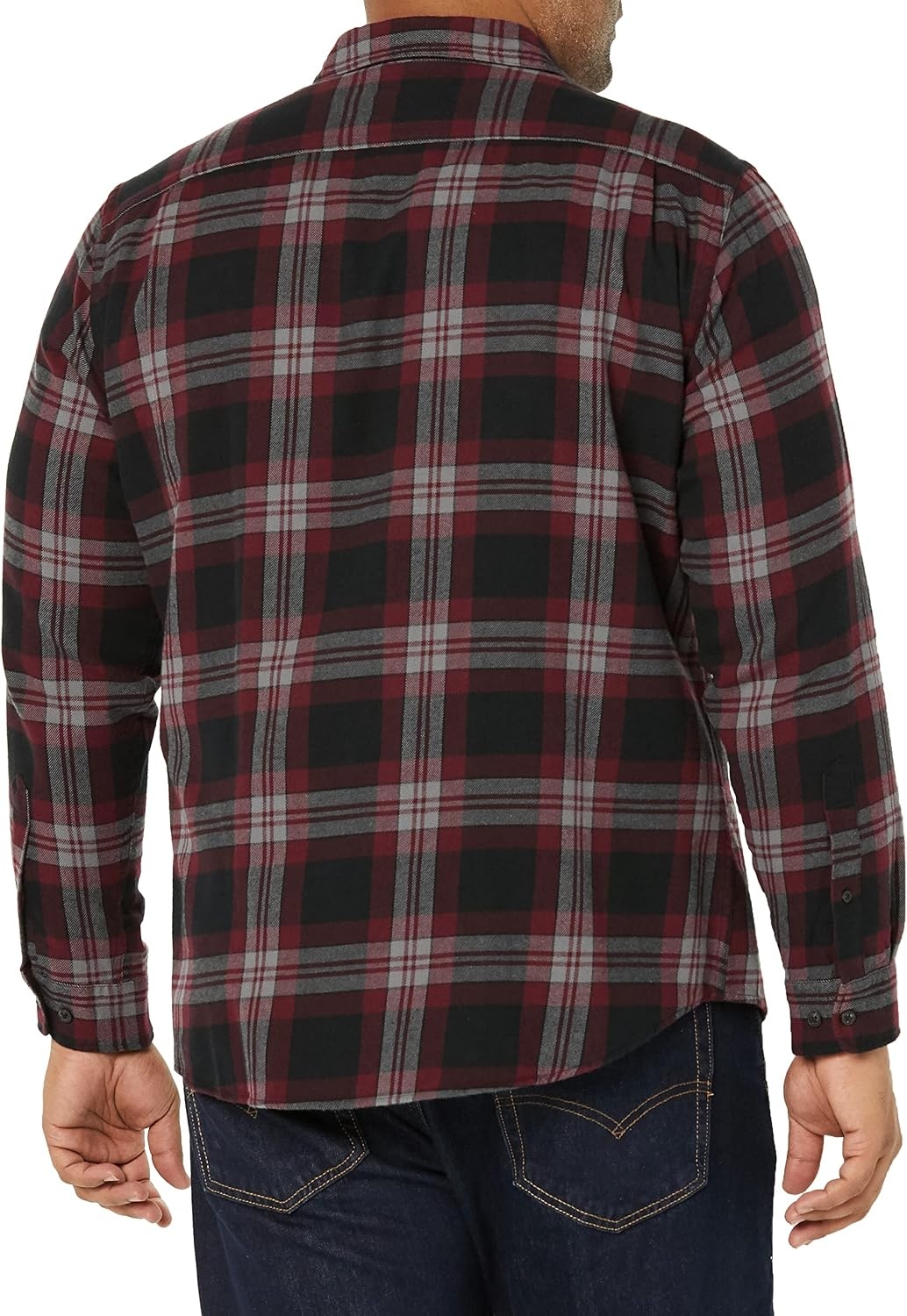 image:imageAmazon Essentials Mens RegularFit LongSleeve Flannel Shirt ButtonUp Cotton Twill Double Chest PocketsBlack Burgundy Plaid