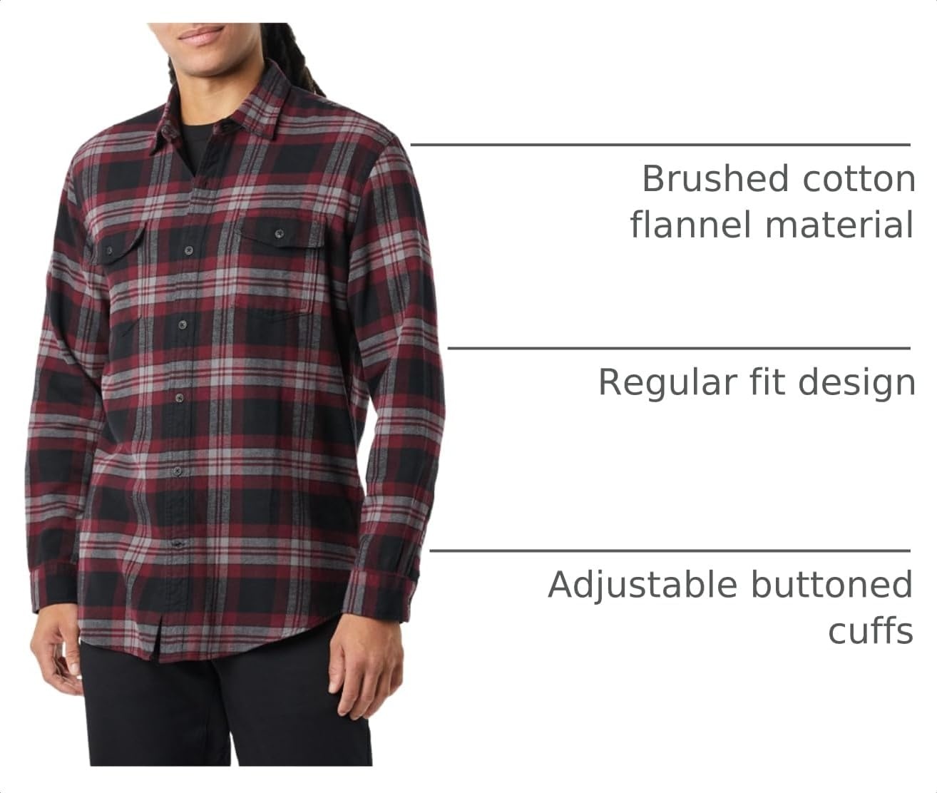 image:imageAmazon Essentials Mens RegularFit LongSleeve Flannel Shirt ButtonUp Cotton Twill Double Chest PocketsBlack Burgundy Plaid