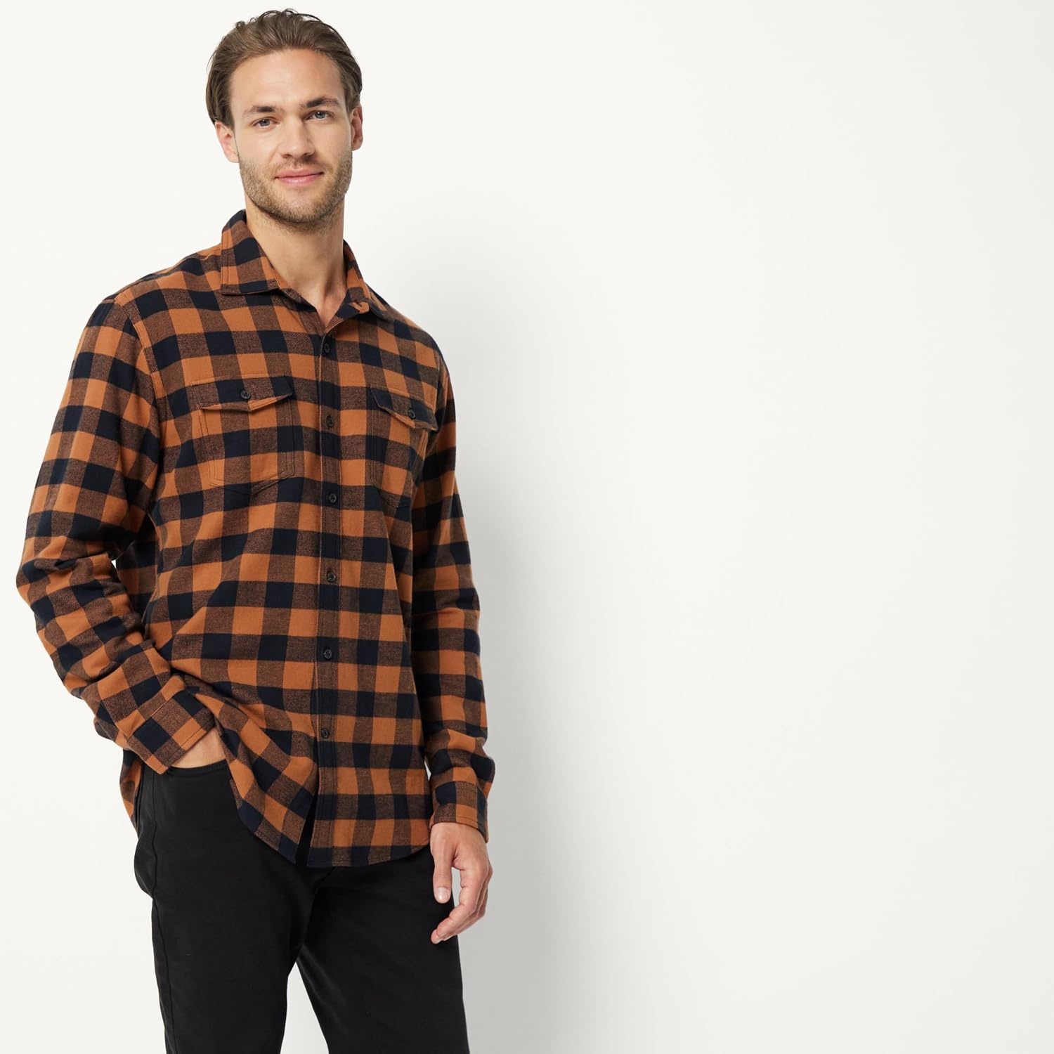 image:imageAmazon Essentials Mens RegularFit LongSleeve Flannel Shirt ButtonUp Cotton Twill Double Chest PocketsBlack Toffee Brown Buffalo Check
