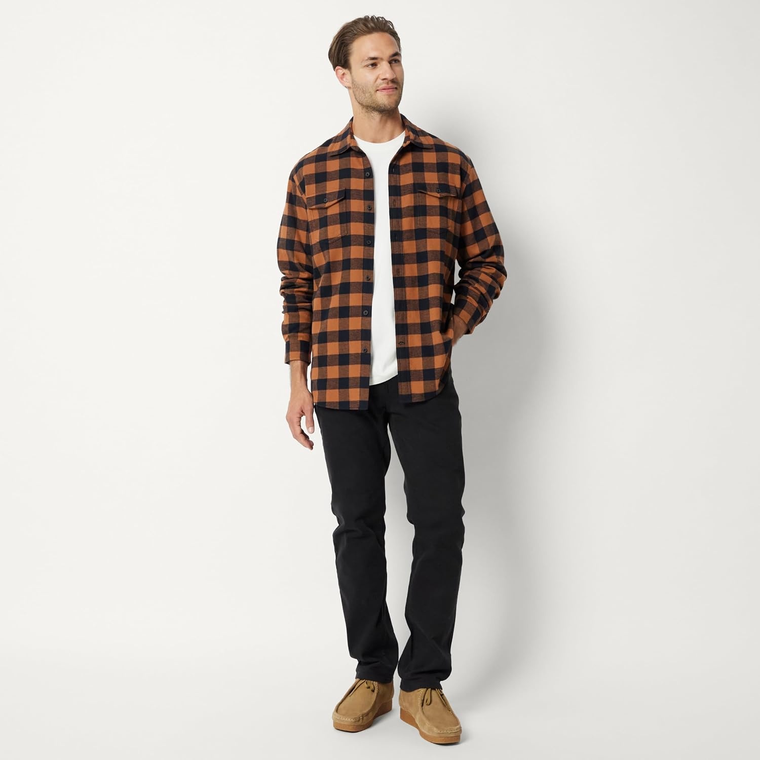 image:imageAmazon Essentials Mens RegularFit LongSleeve Flannel Shirt ButtonUp Cotton Twill Double Chest PocketsBlack Toffee Brown Buffalo Check