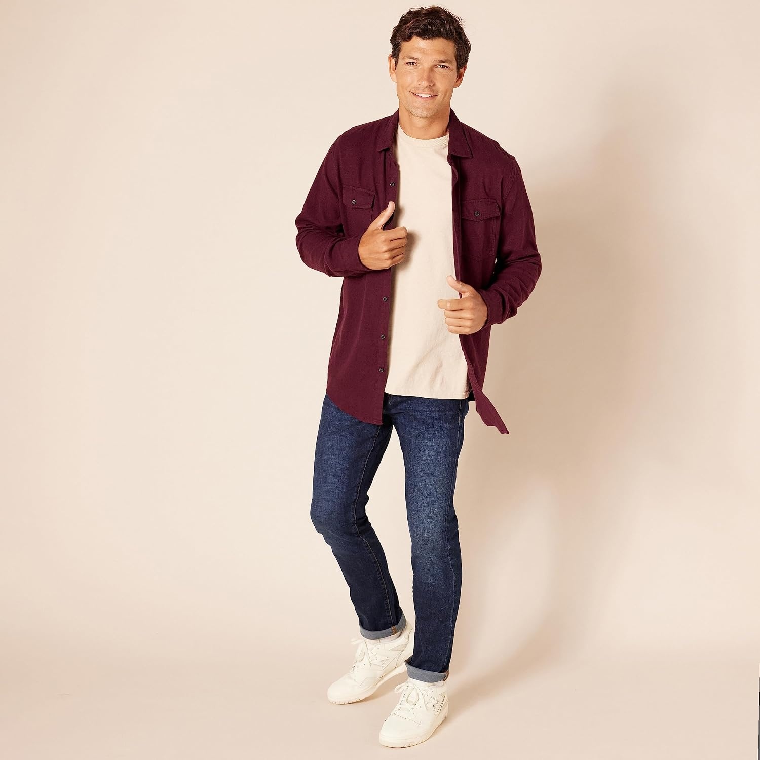 image:imageAmazon Essentials Mens RegularFit LongSleeve Flannel Shirt ButtonUp Cotton Twill Double Chest PocketsBurgundy Heather