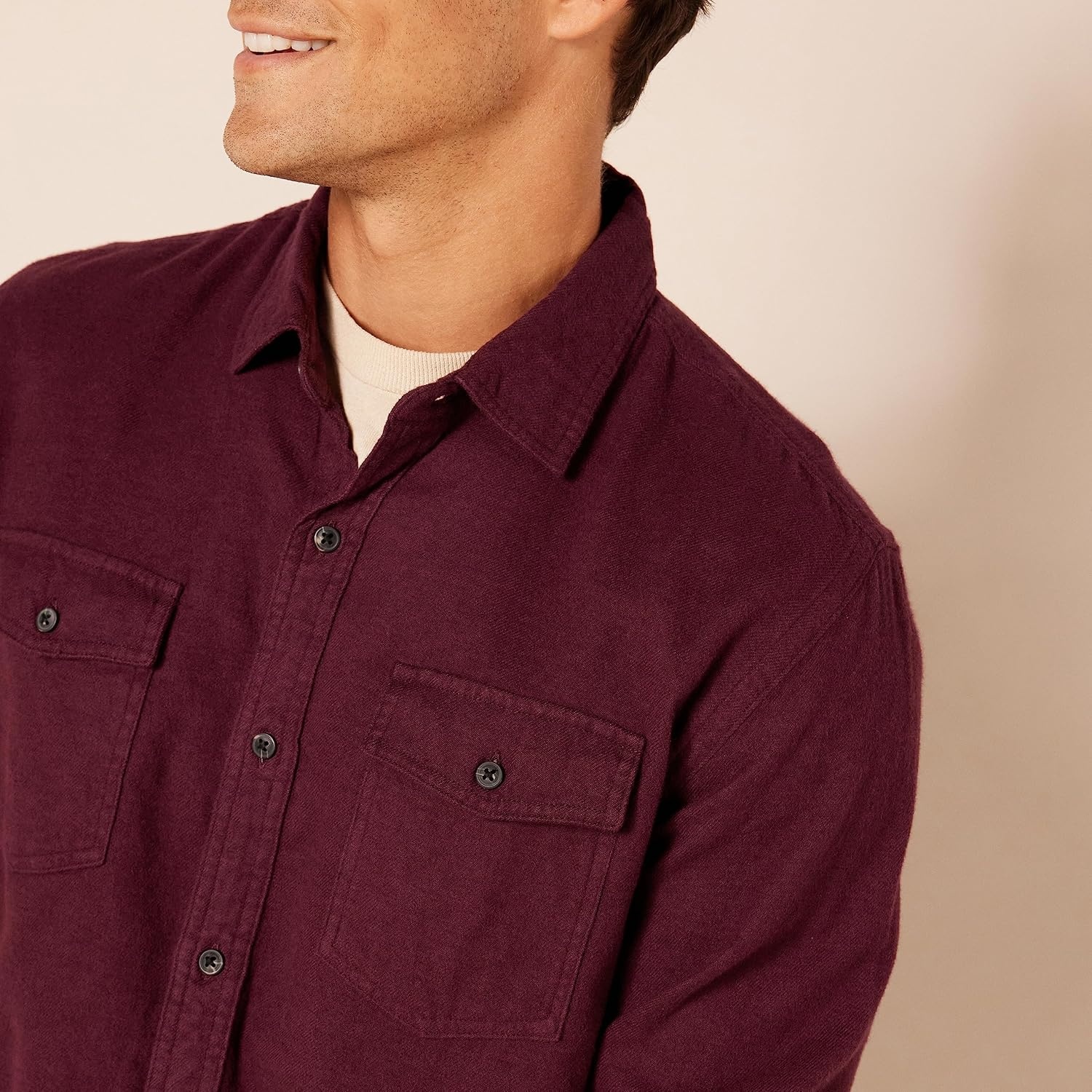 image:imageAmazon Essentials Mens RegularFit LongSleeve Flannel Shirt ButtonUp Cotton Twill Double Chest PocketsBurgundy Heather