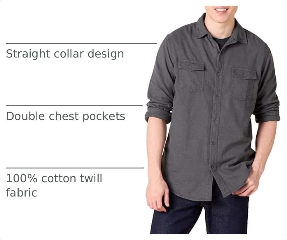 image:imageAmazon Essentials Mens RegularFit LongSleeve Flannel Shirt ButtonUp Cotton Twill Double Chest PocketsCharcoal Heather