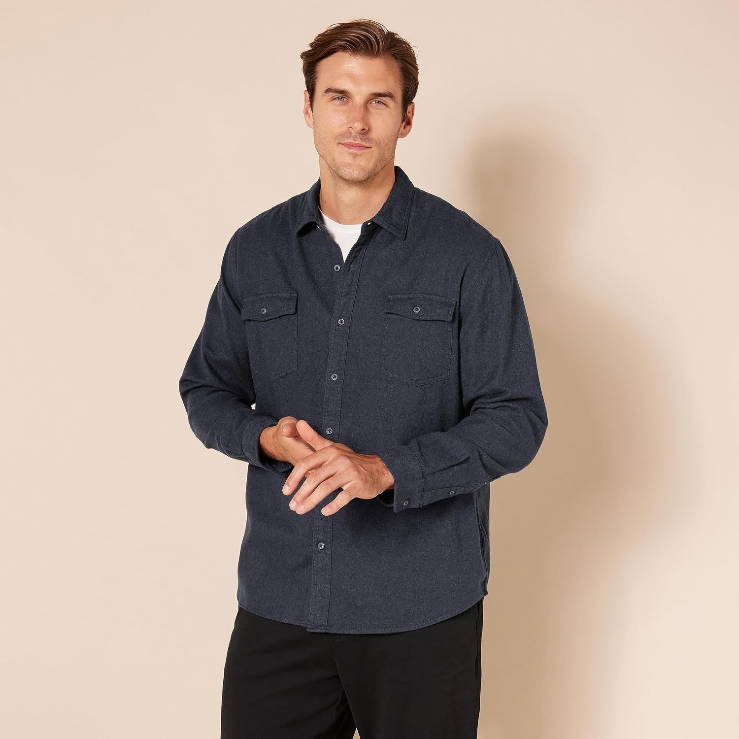 image:imageAmazon Essentials Mens RegularFit LongSleeve Flannel Shirt ButtonUp Cotton Twill Double Chest PocketsDark Denim