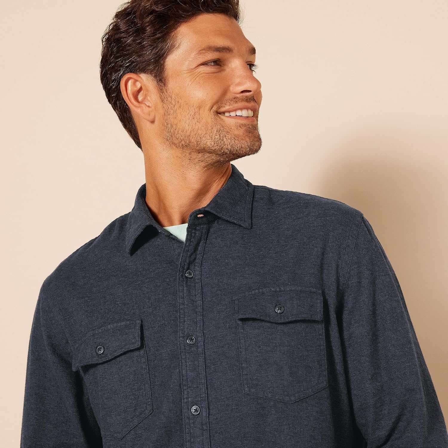 image:imageAmazon Essentials Mens RegularFit LongSleeve Flannel Shirt ButtonUp Cotton Twill Double Chest PocketsDark Denim