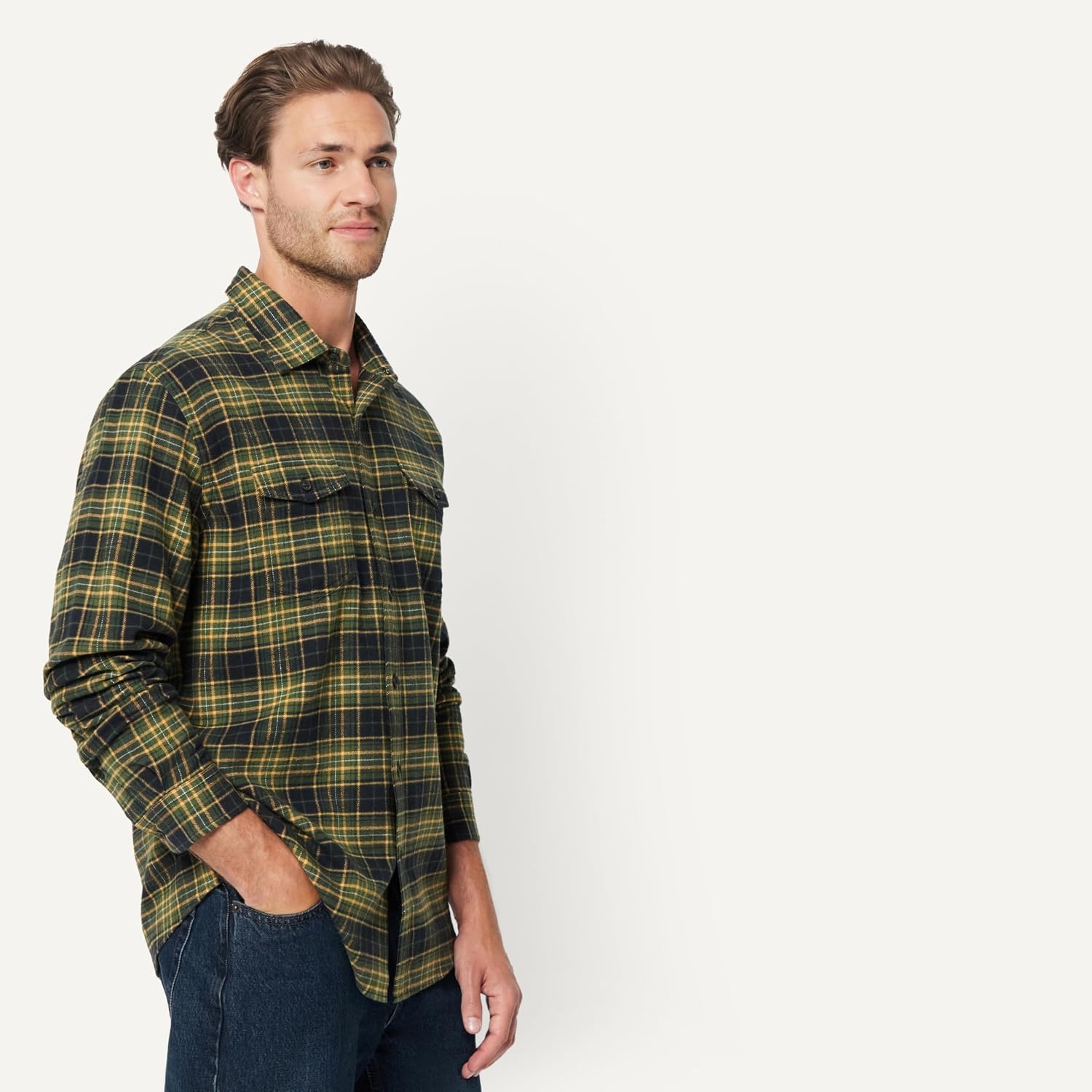 image:imageAmazon Essentials Mens RegularFit LongSleeve Flannel Shirt ButtonUp Cotton Twill Double Chest PocketsDark Olive Plaid