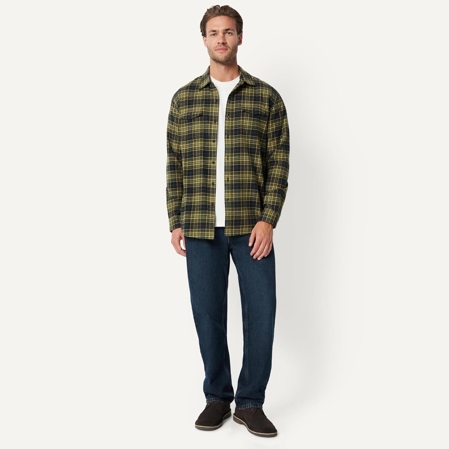 image:imageAmazon Essentials Mens RegularFit LongSleeve Flannel Shirt ButtonUp Cotton Twill Double Chest PocketsDark Olive Plaid