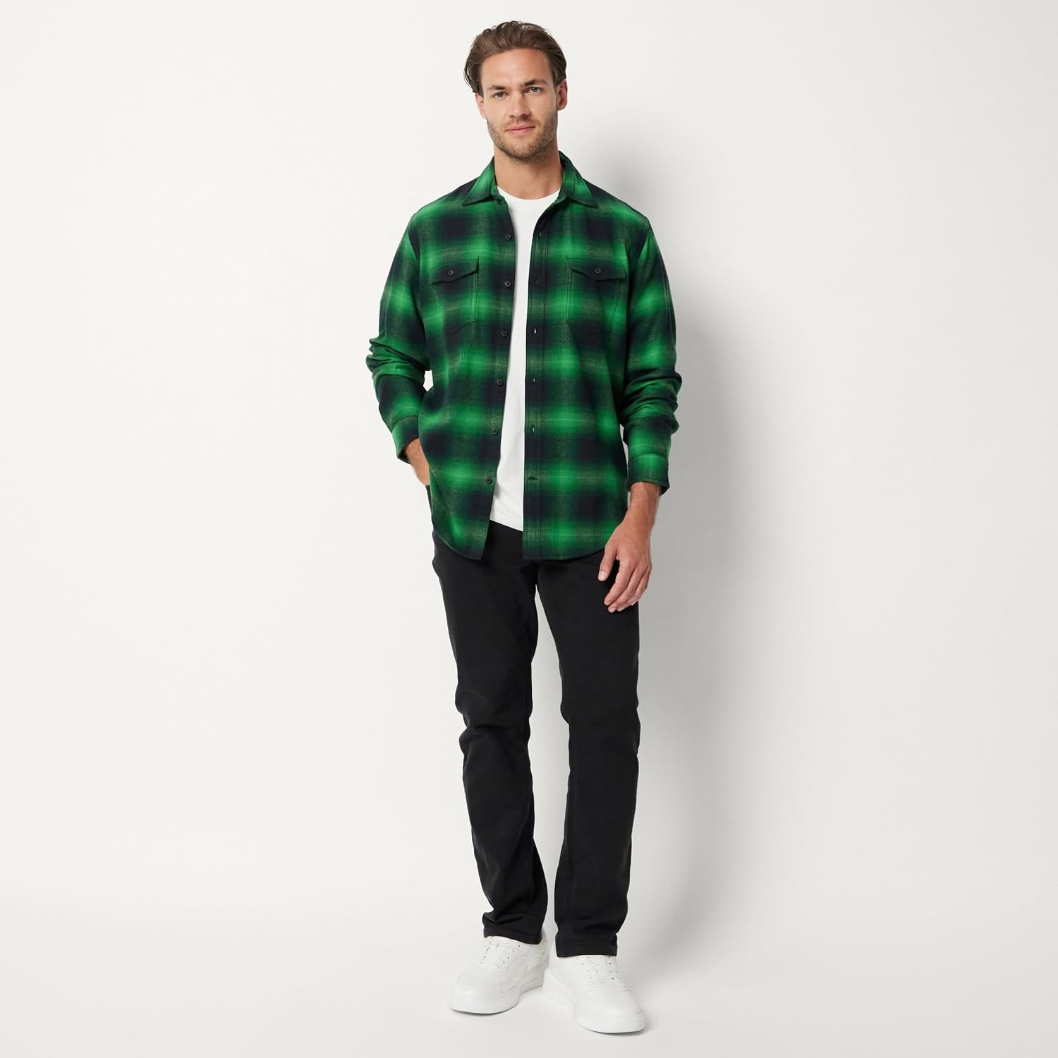 image:imageAmazon Essentials Mens RegularFit LongSleeve Flannel Shirt ButtonUp Cotton Twill Double Chest PocketsGreen Shadow Plaid