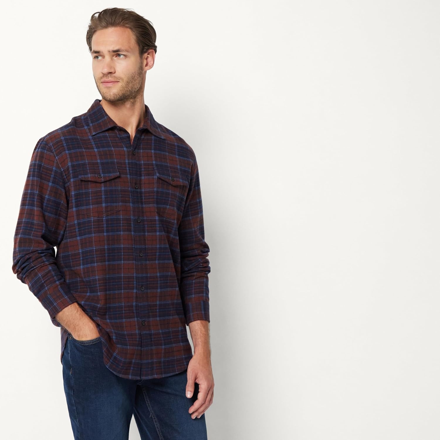 image:imageAmazon Essentials Mens RegularFit LongSleeve Flannel Shirt ButtonUp Cotton Twill Double Chest PocketsNavy Chocolate Plaid