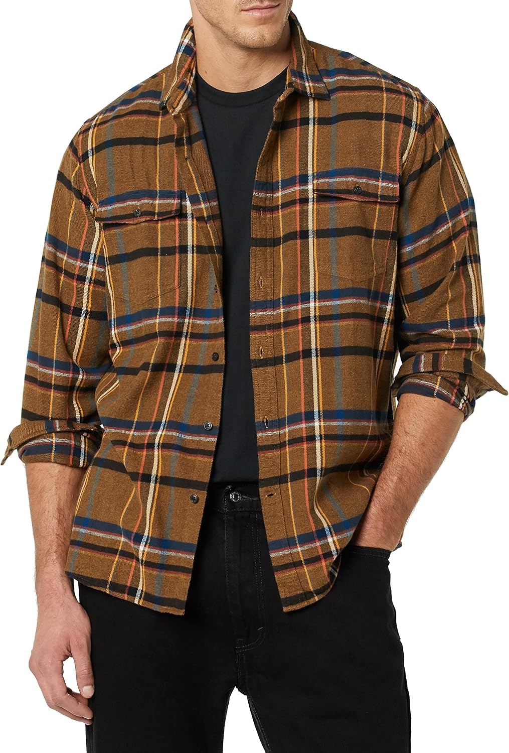 image:imageAmazon Essentials Mens RegularFit LongSleeve Flannel Shirt ButtonUp Cotton Twill Double Chest PocketsTobacco Brown Plaid