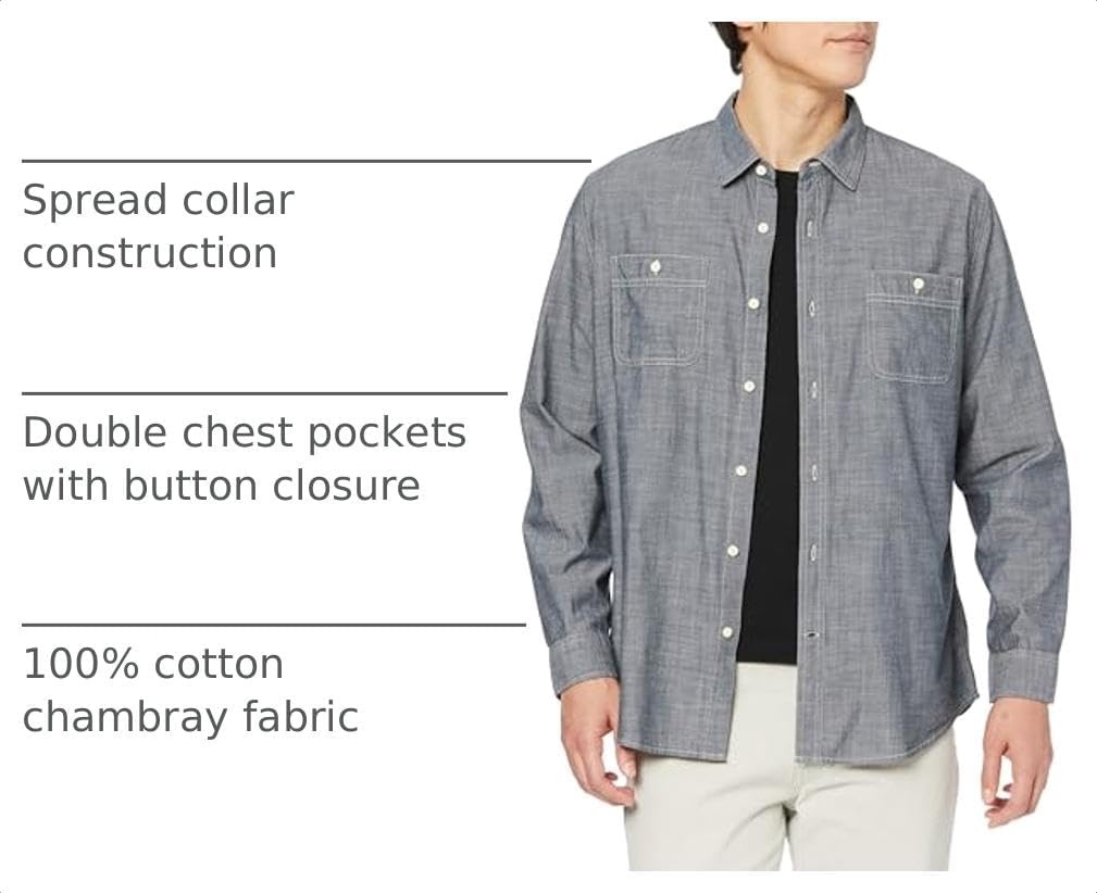 image:imageAmazon Essentials Mens RegularFit LongSleeve Lightweight Cotton Chambray Shirt with PocketsGrey