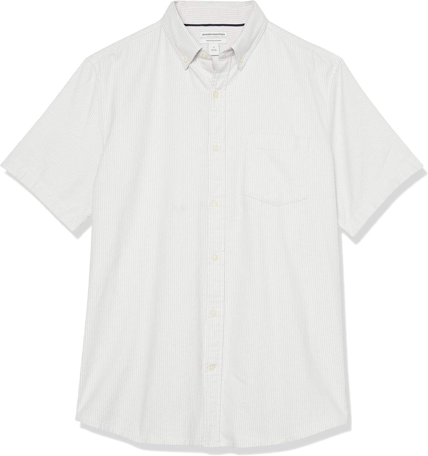 image:imageAmazon Essentials Mens RegularFit Short Sleeve Stretch Oxford Shirt with PocketLight Grey Vertical Stripe