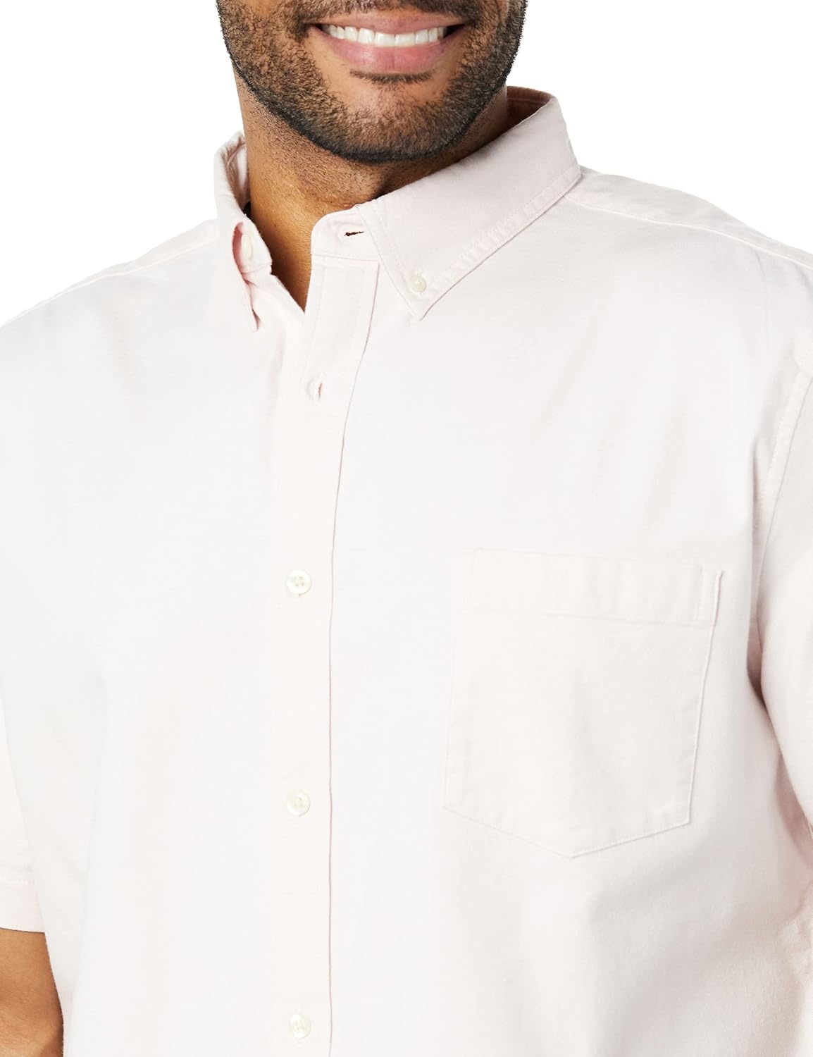 image:imageAmazon Essentials Mens RegularFit Short Sleeve Stretch Oxford Shirt with PocketPale Pink