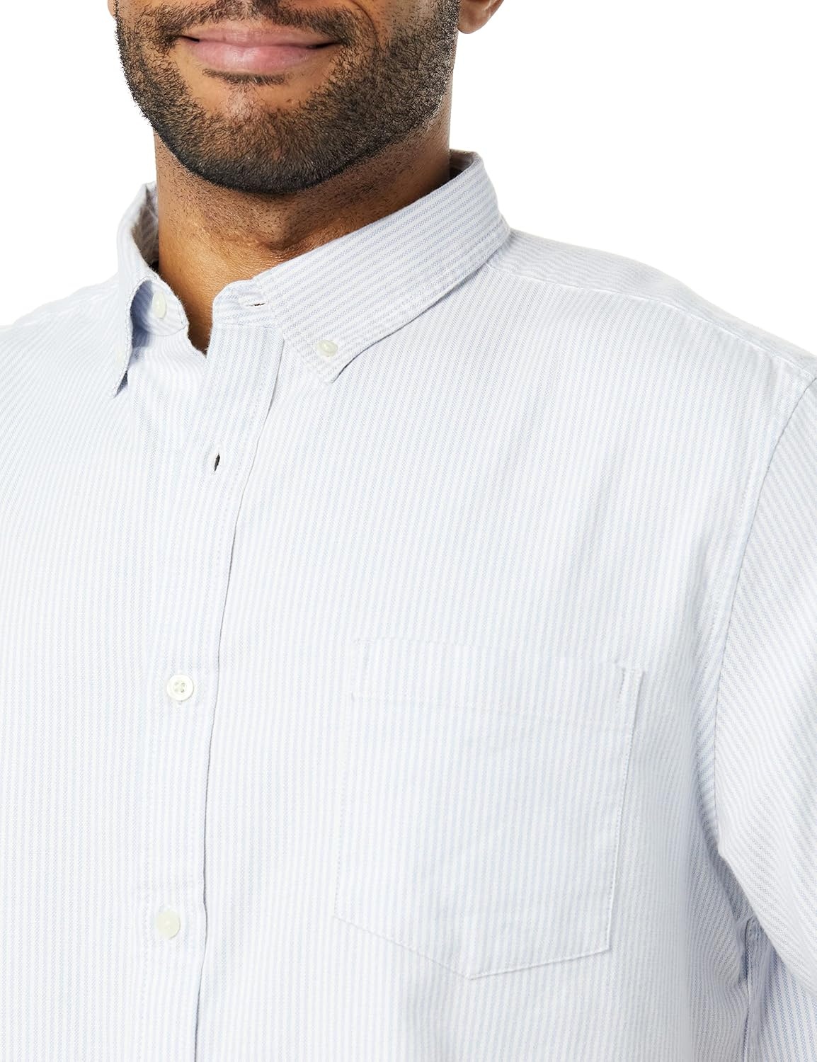 image:imageAmazon Essentials Mens RegularFit Short Sleeve Stretch Oxford Shirt with PocketPowder Blue Vertical Stripe