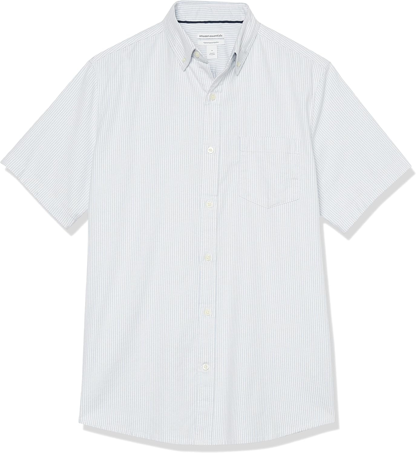 image:imageAmazon Essentials Mens RegularFit Short Sleeve Stretch Oxford Shirt with PocketPowder Blue Vertical Stripe