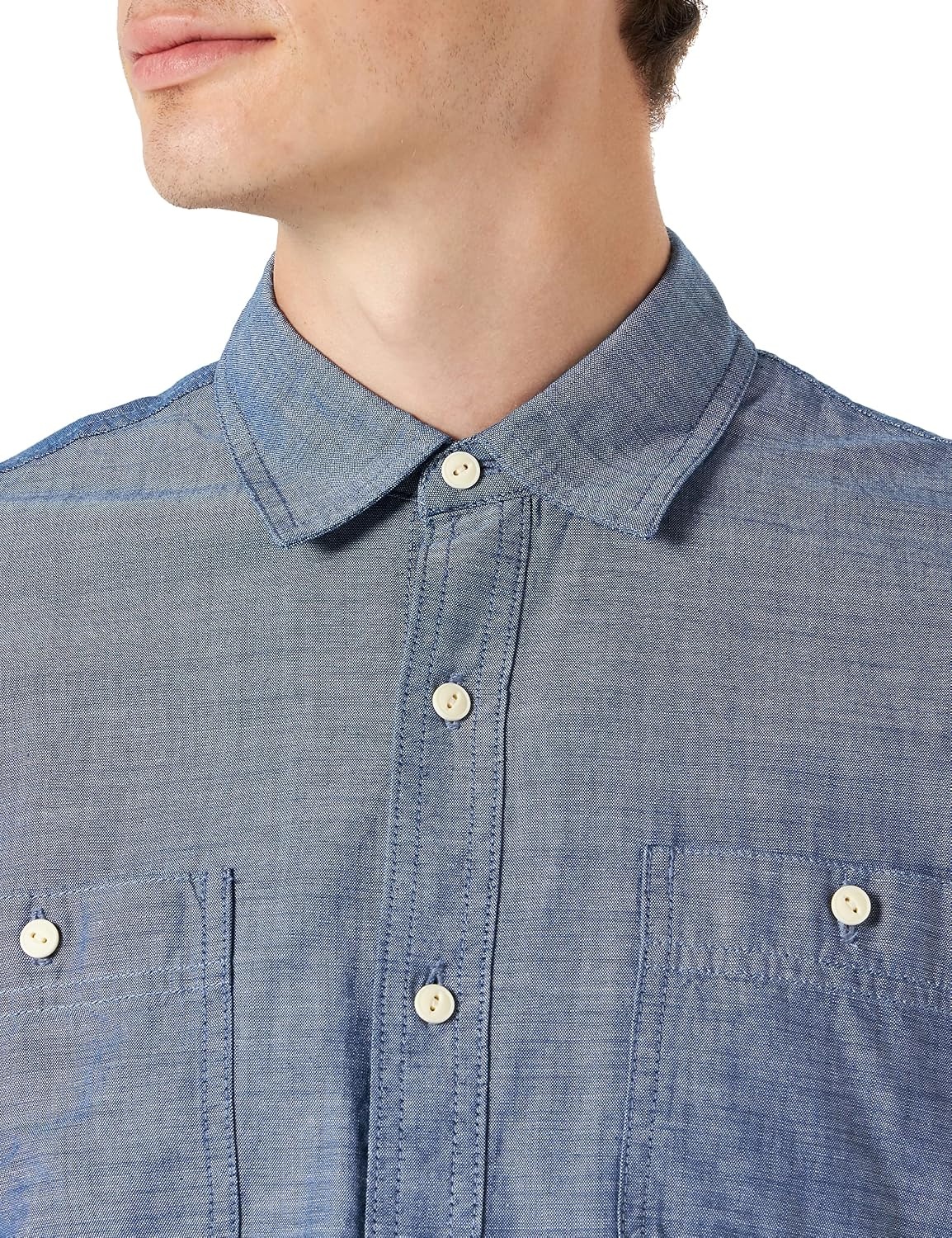 image:imageAmazon Essentials Mens RegularFit ShortSleeve ButtonDown Chambray ShirtBlue