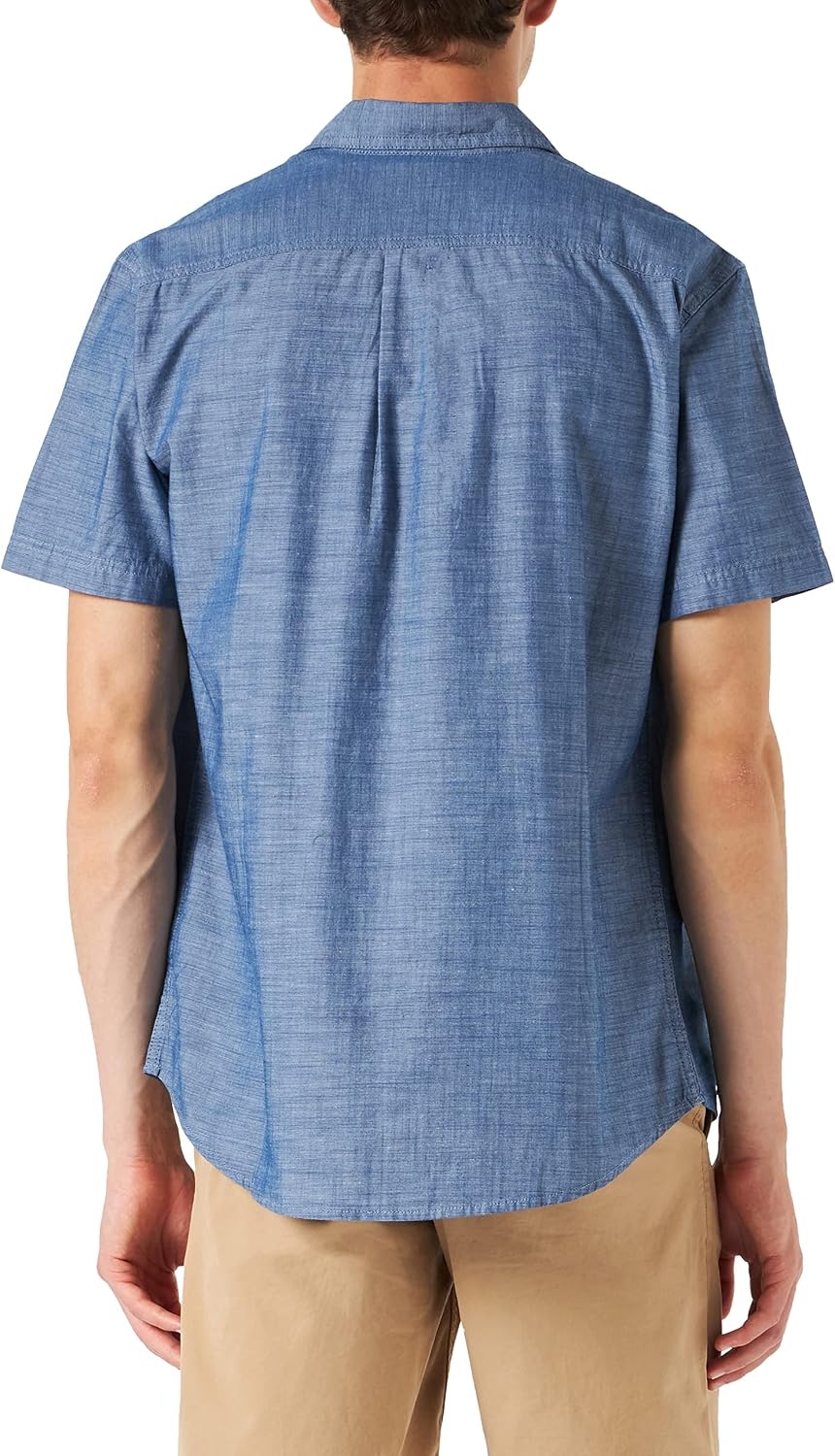 image:imageAmazon Essentials Mens RegularFit ShortSleeve ButtonDown Chambray ShirtBlue
